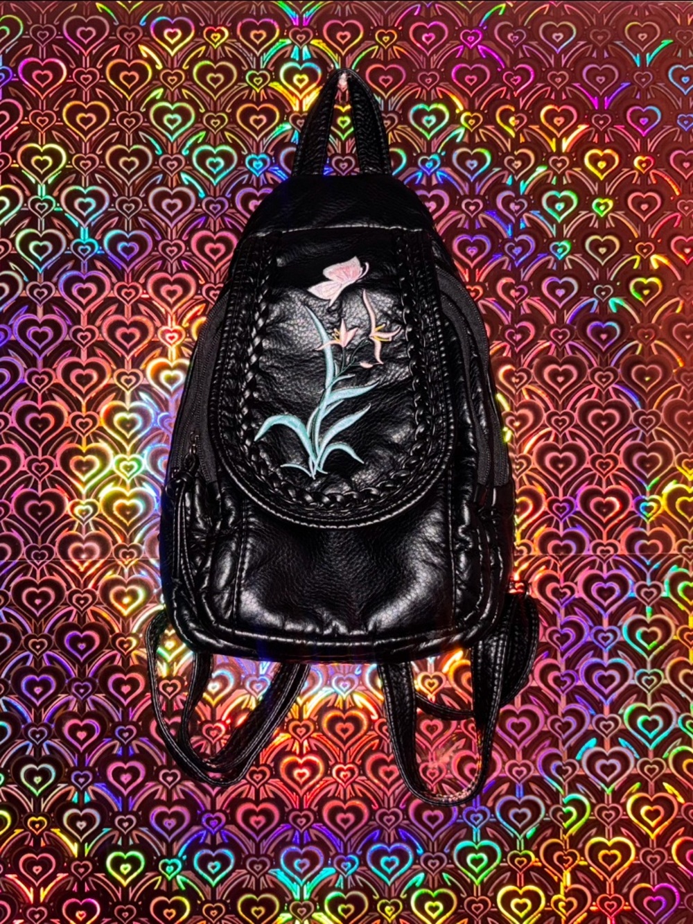Black Leather Floral-Embroidered Mini Backpack